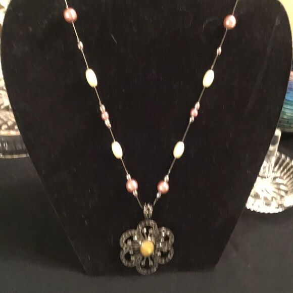 Lia Sophia Gunmetal Necklace with Faux Pearls and Floral Pendant - Picture 1 of 7
